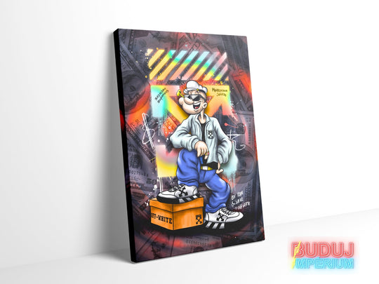 Motivational wall art with a cartoon sailor on an Off-White box, neon street art stripes and dollar bills.