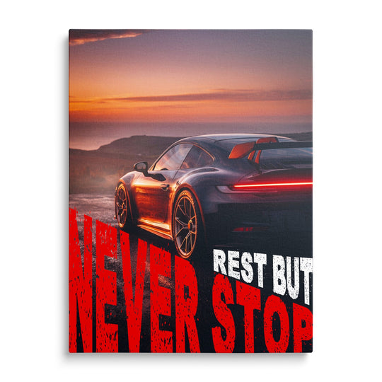 Motivational wall art with a luxury supercar at sunset and red “Never Stop” text, front view