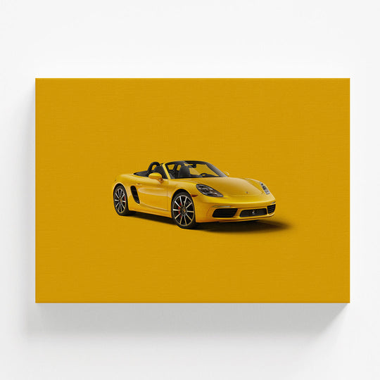 Luxury wall art with a front view of a yellow Porsche 911 roadster on a solid color background