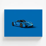 Motivational wall art with a blue supercar from the front on a blue background, automotive wall art