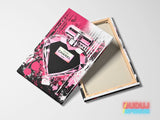 Motivational canvas wall art with a pink and black pop art graffiti heart-shaped perfume bottle, front view.