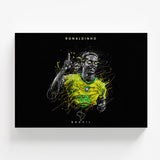Motivational wall art of Ronaldinho in a Brazil jersey, dynamic football pop art portrait