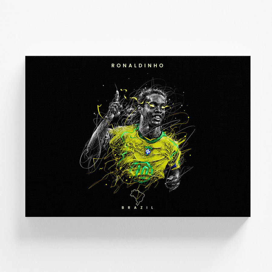 Motivational wall art of Ronaldinho in a Brazil jersey, dynamic football pop art portrait