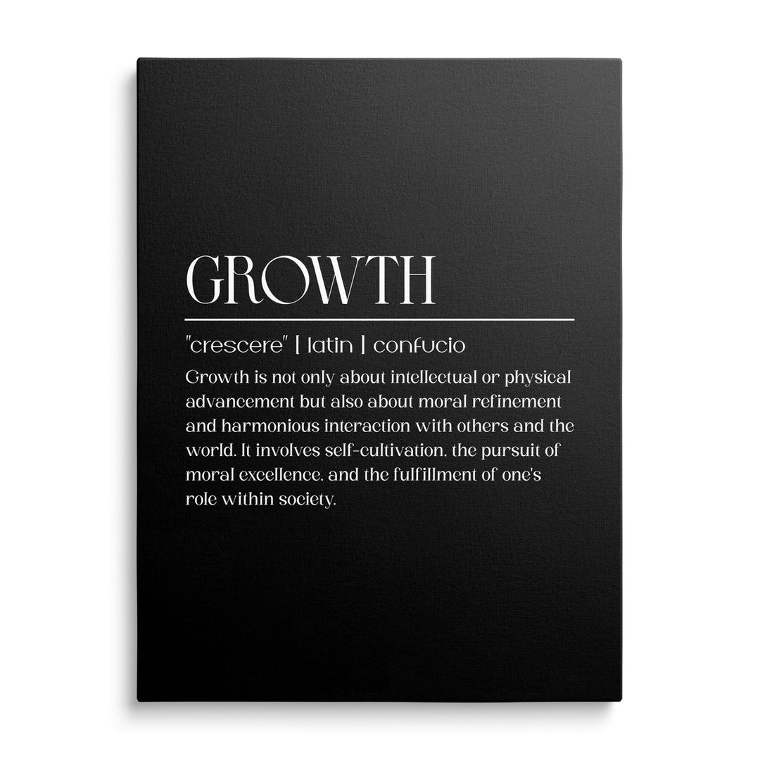 Growth motivational canvas print with white typography on a black background, minimalist front view