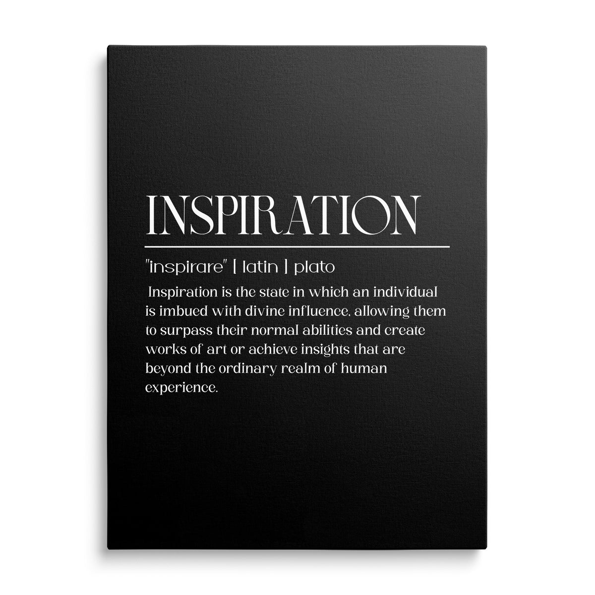 INSPIRATION motivational canvas print with a black background, white typography and a quote by Plato