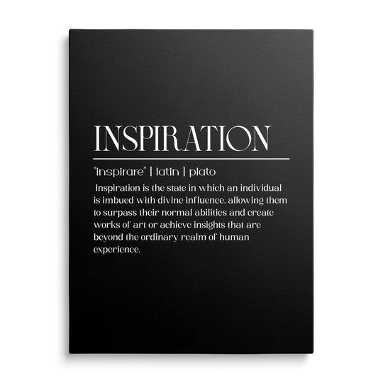 INSPIRATION motivational canvas print with a black background, white typography and a quote by Plato