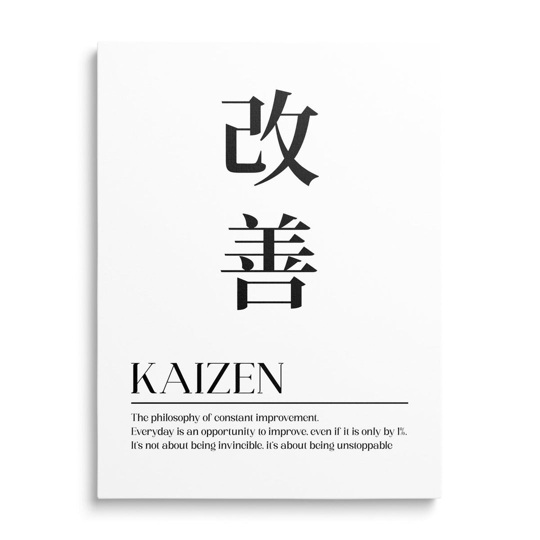 Kaizen motivational canvas wall art with a Japanese character and quote about continuous improvement in a minimalist design