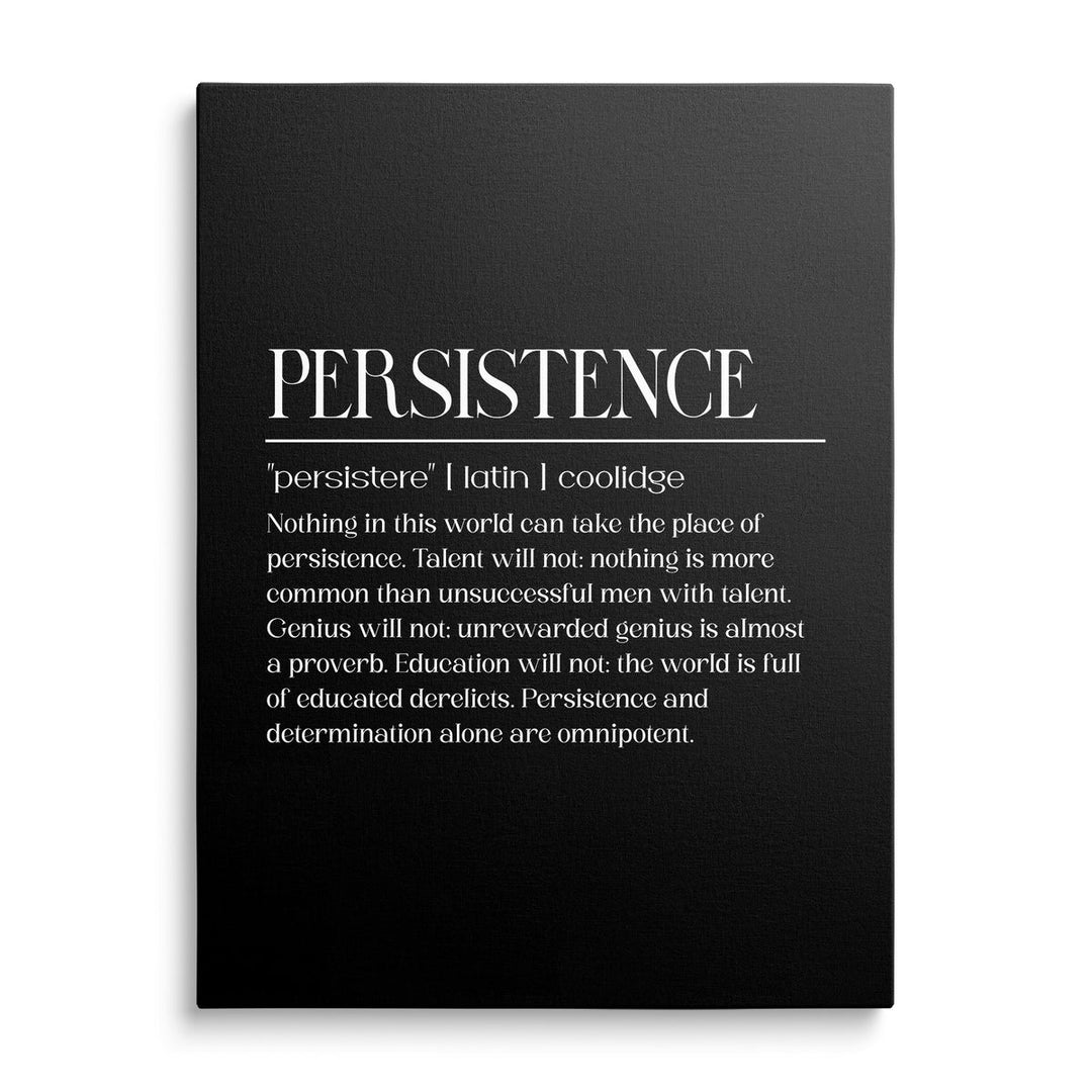 Front-view modern motivational canvas print with a white Persistence quote and Latin text