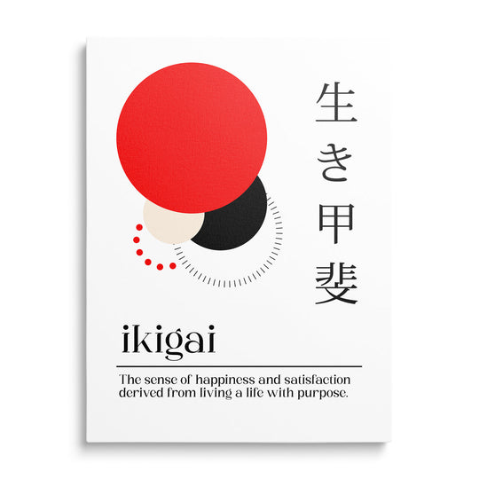 Ikigai motivational canvas print with Japanese characters, minimalist circles and an English quote, front view