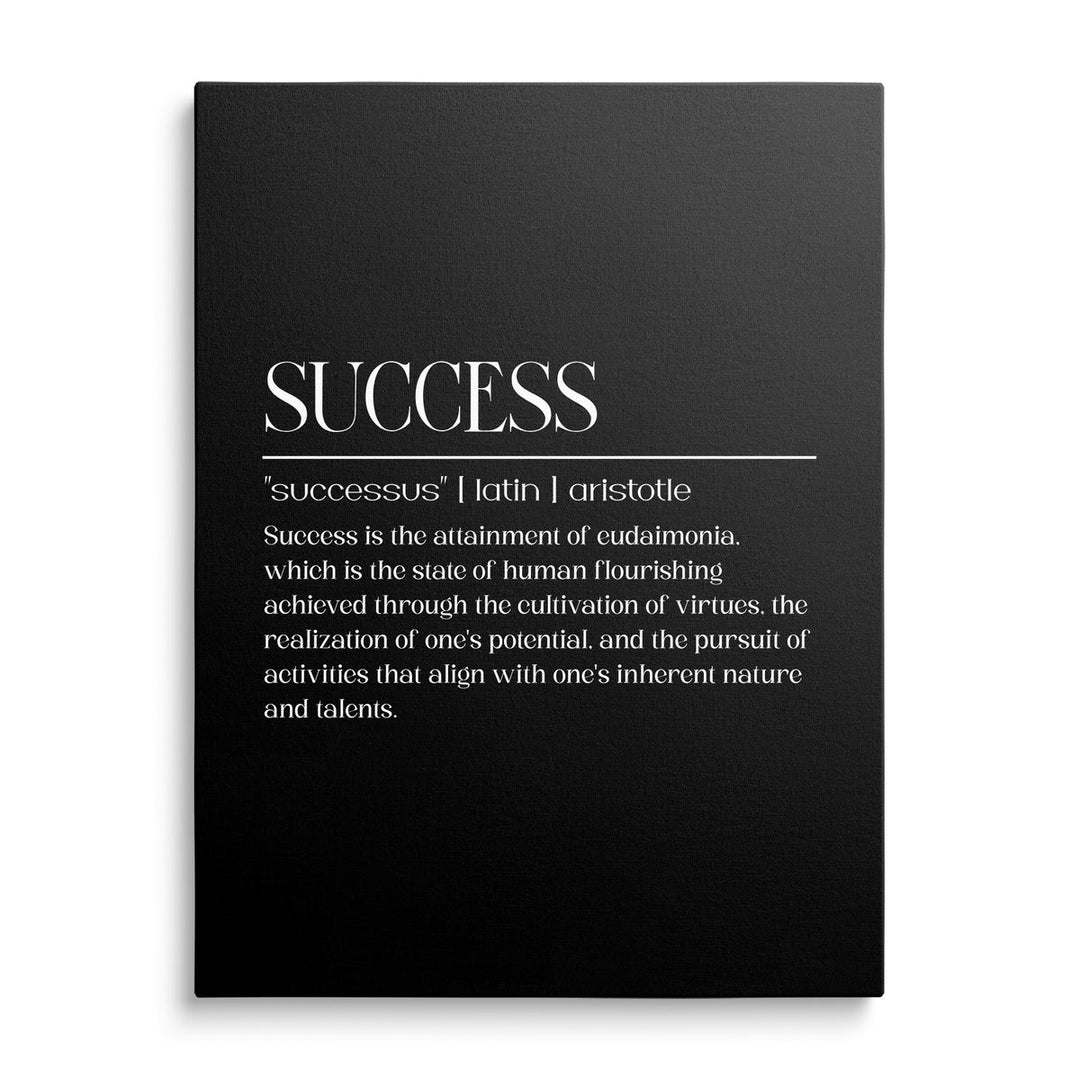 Motivational canvas print with a white Aristotle quote about success on a black minimalist background