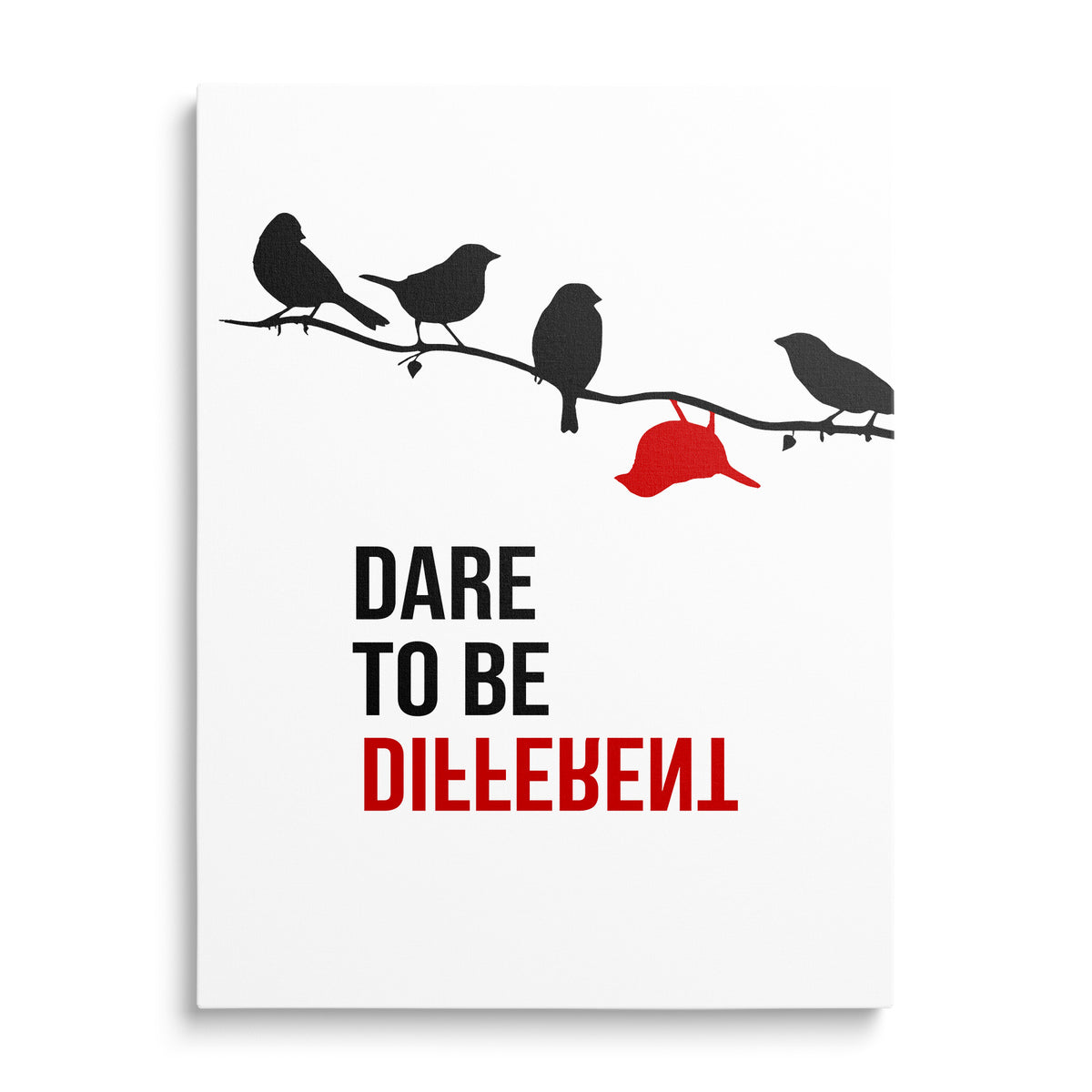 Motivational canvas wall art with minimalist birds on a branch, a red cap and an inspiring quote