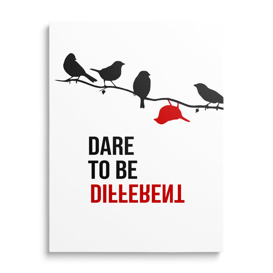 Motivational canvas wall art with minimalist birds on a branch, a red cap and an inspiring quote