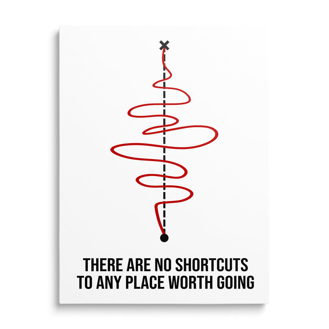 Motivational canvas print with a black dashed axis, red zigzag curve and English quote, front view