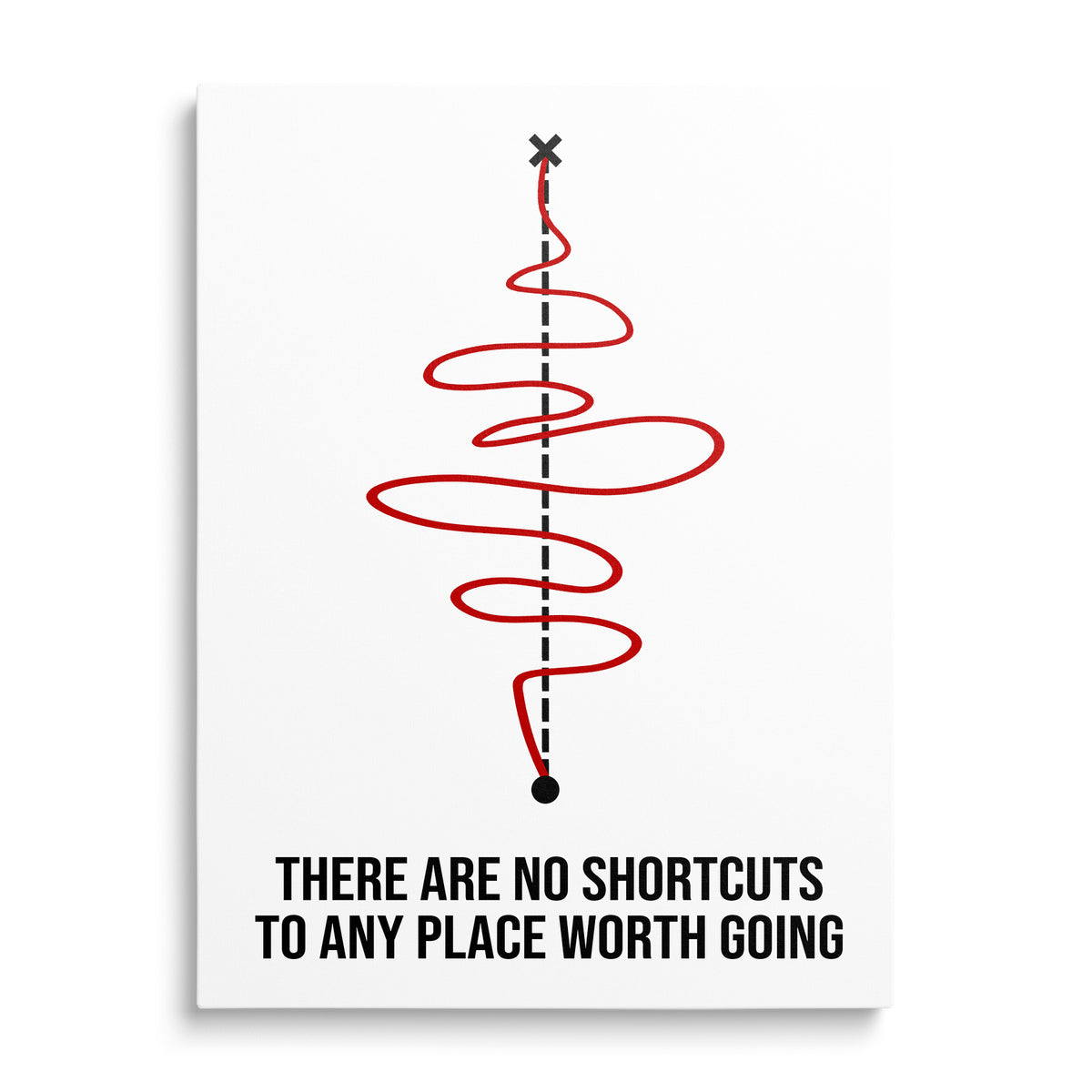 Motivational canvas print with a black dashed axis, red zigzag curve and English quote, front view