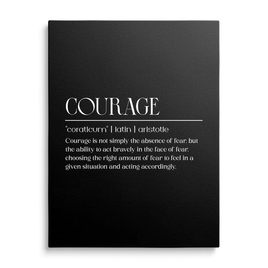 Front view of a minimalist motivational canvas print with a black background and white “COURAGE” quote