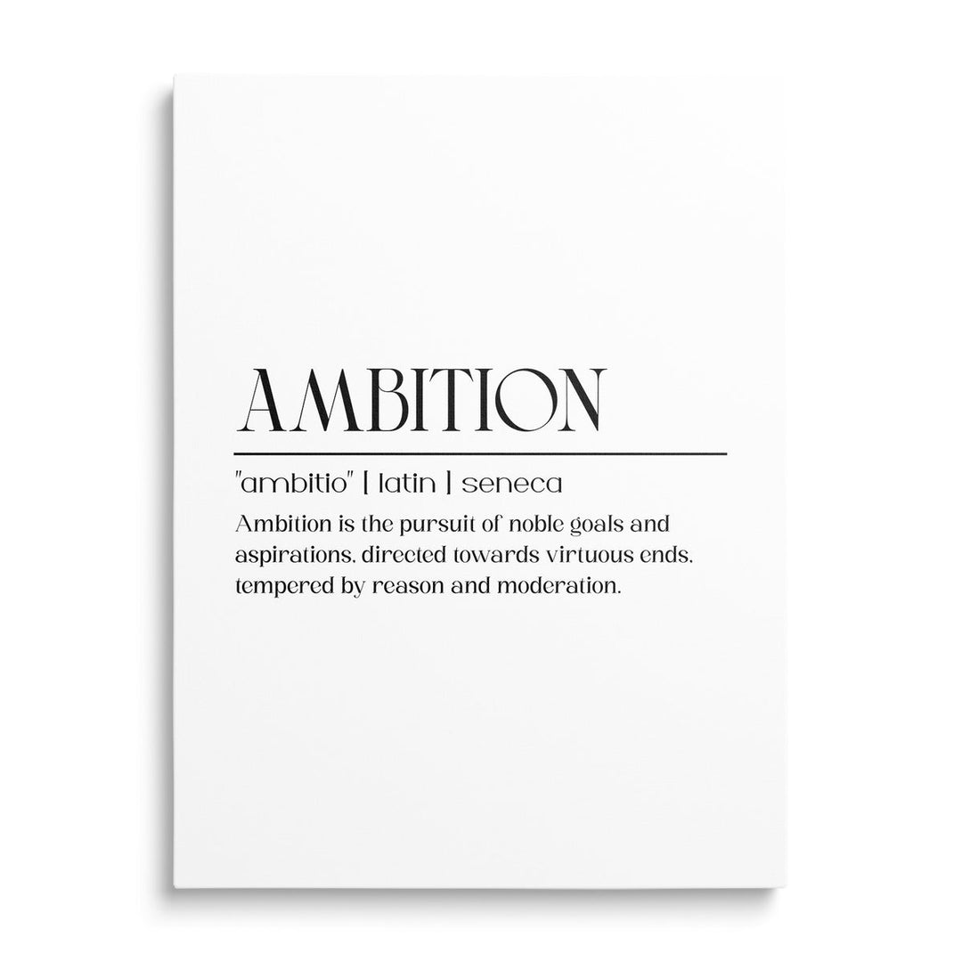 Front view of a minimalist motivational canvas print with a black and white Latin “Ambition” quote by Seneca