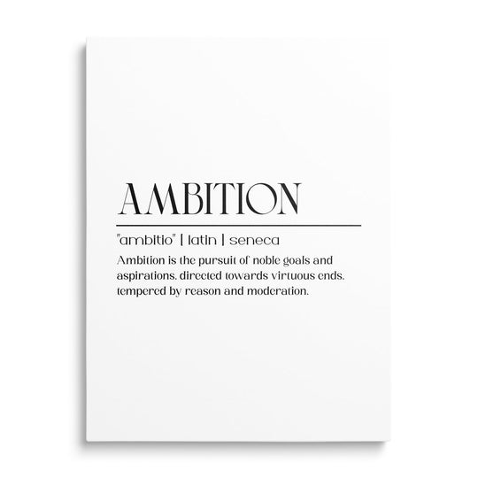 Front view of a minimalist motivational canvas print with a black and white Latin “Ambition” quote by Seneca
