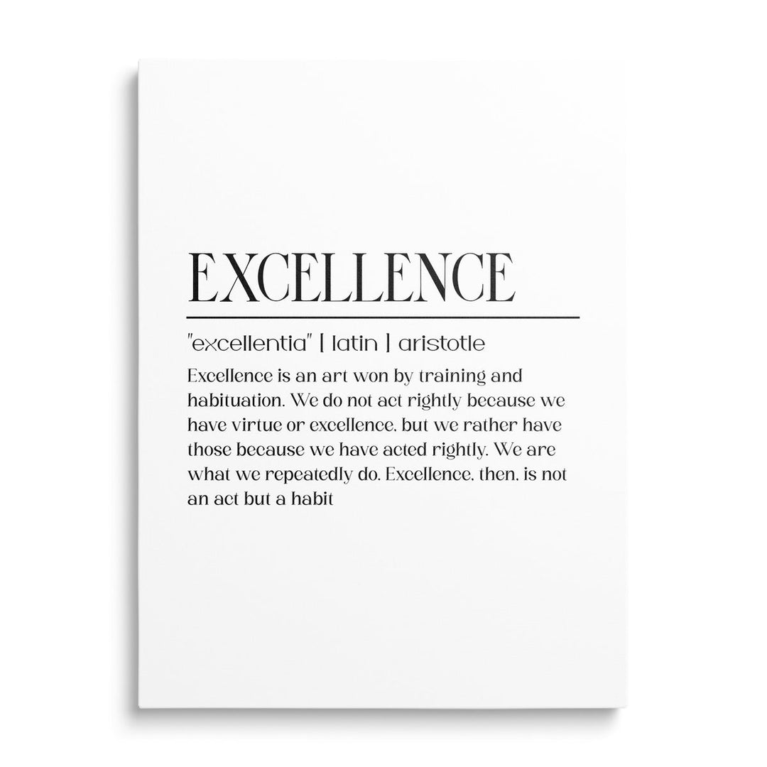 Motivational canvas print with a black and white Aristotle quote about the habit of excellence in a clean minimalist design