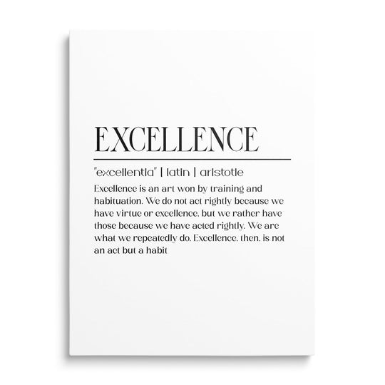 Motivational canvas print with a black and white Aristotle quote about the habit of excellence in a clean minimalist design