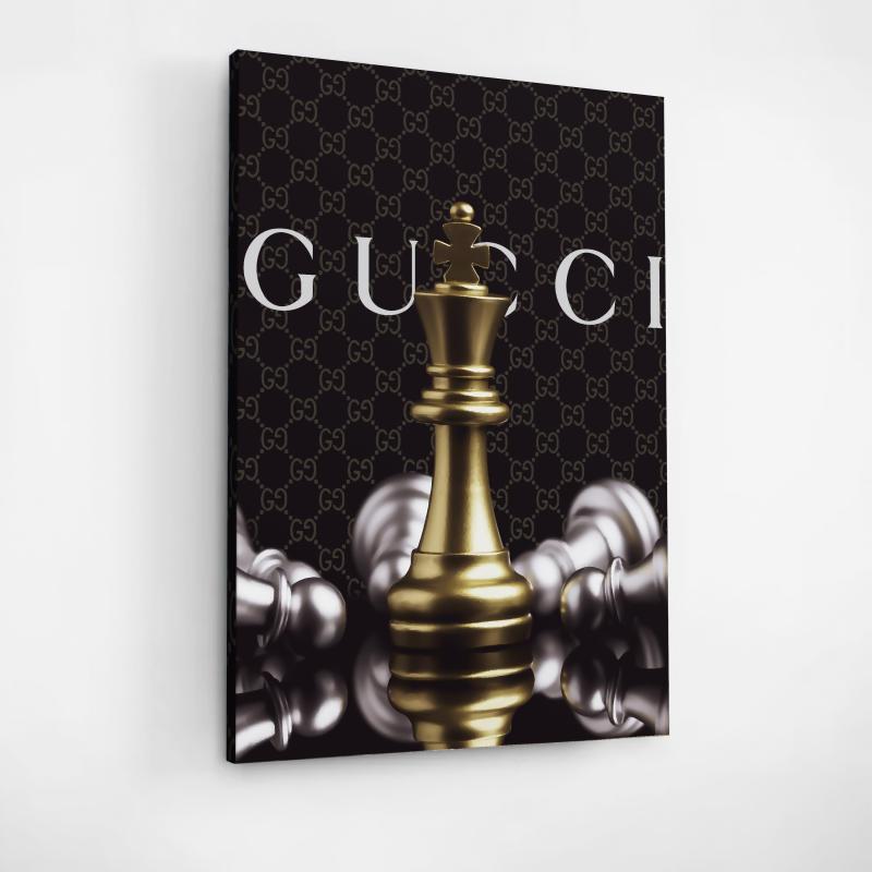 Luxury motivational wall art with a golden chess queen and silver pawns on a dark elegant background.