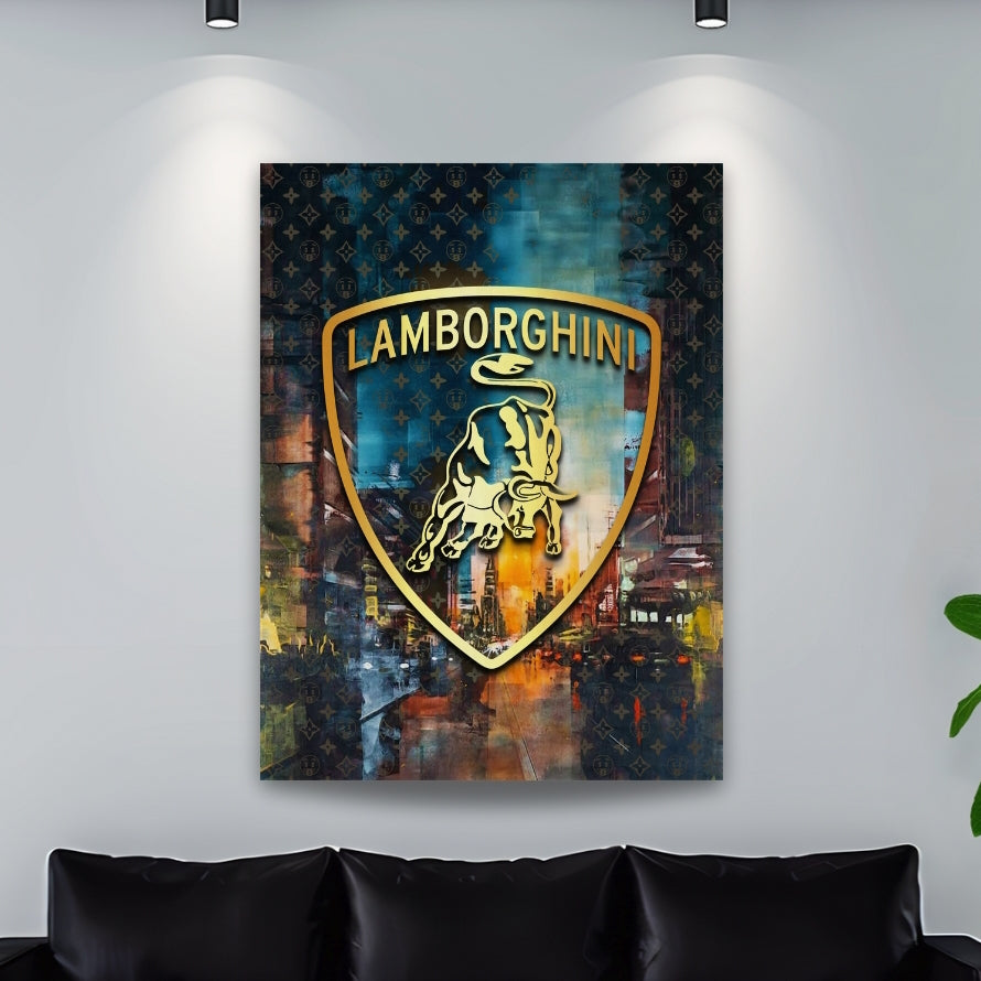 Luxury motivational living room wall art with an abstract colorful background and gold sports car symbol.