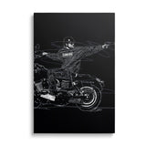 Motivational canvas wall art with black-and-white street art of a front-view biker aiming a gun.