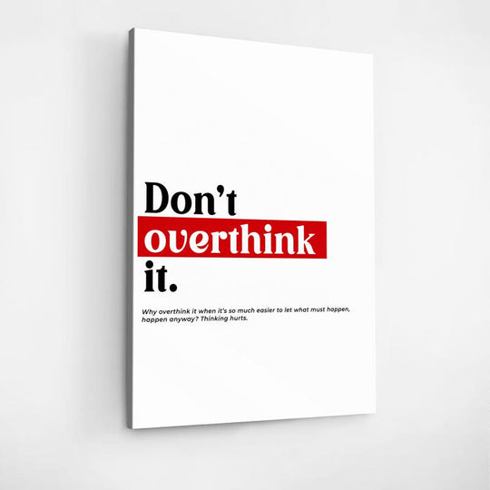 English motivational wall art with “Don’t Overthink It” text in black and red, a positive quote print by Mindset Walls.