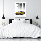 Luxury motivational wall art with a gold Ferrari Mansory Roma above a bed in a modern bedroom