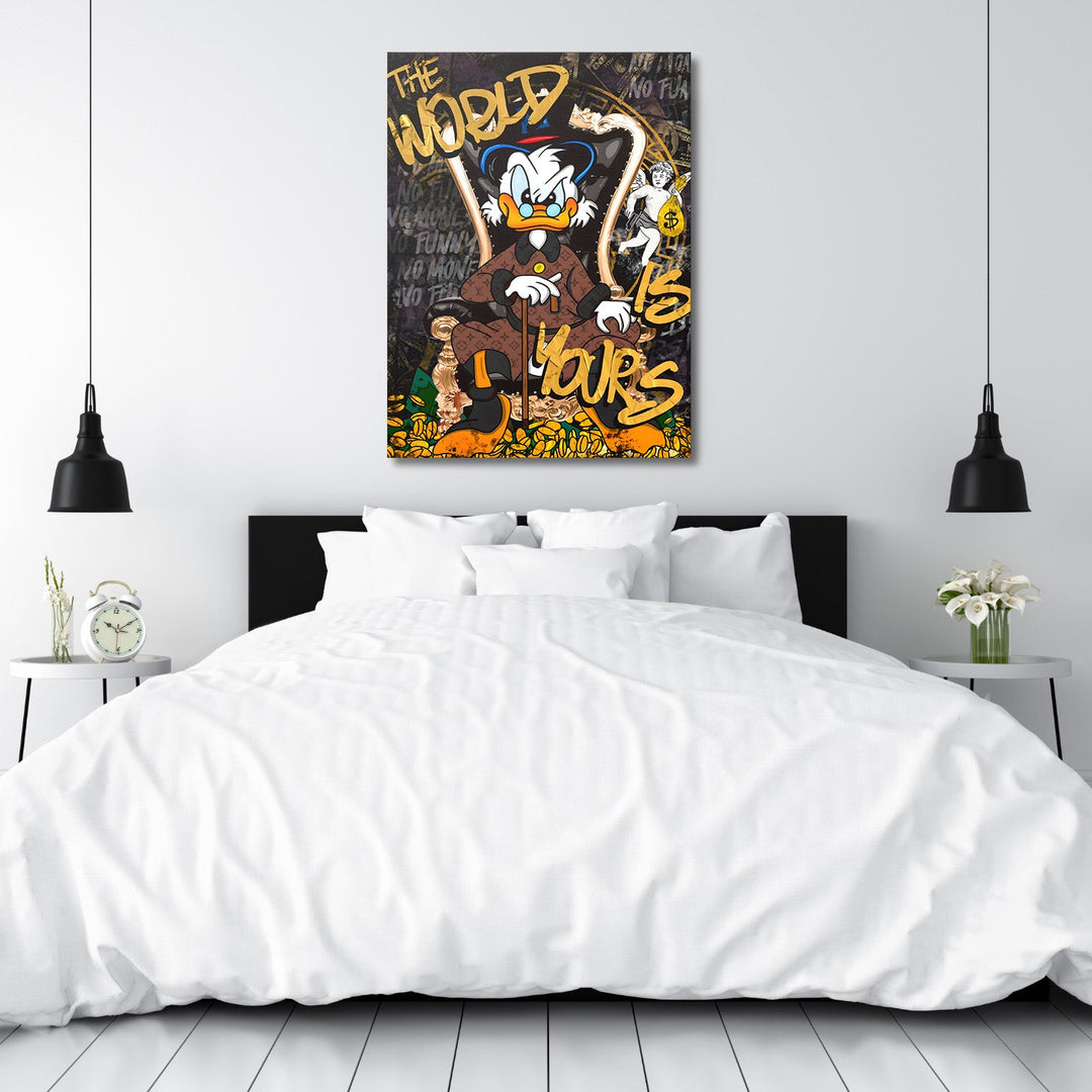 Motivational wall art with a duck on a gold throne surrounded by coins in a modern bedroom