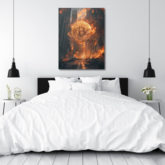 Motivational canvas print with burning Bitcoin above a bed in a modern bedroom