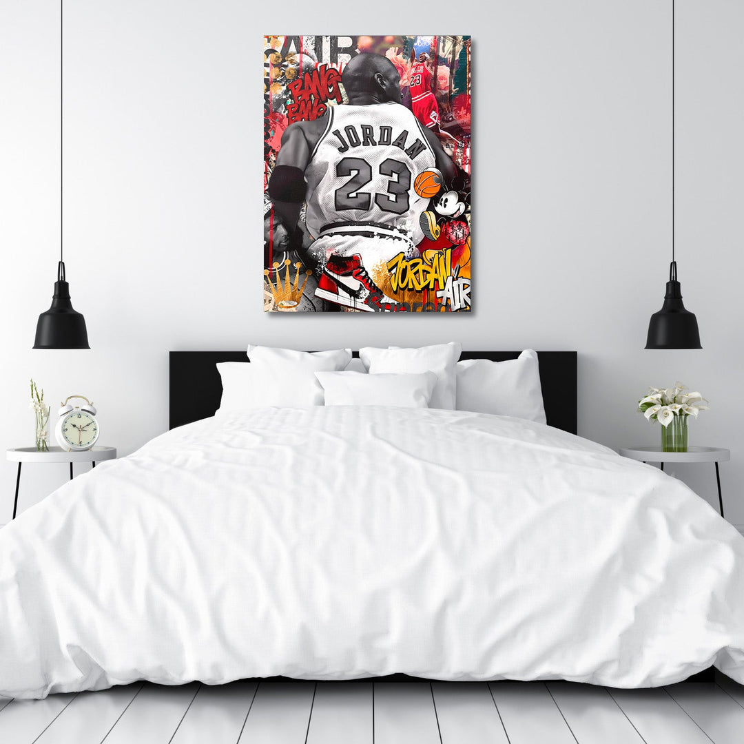 Motivational pop art wall art with Jordan, a basketball sneaker and graffiti in a bedroom.