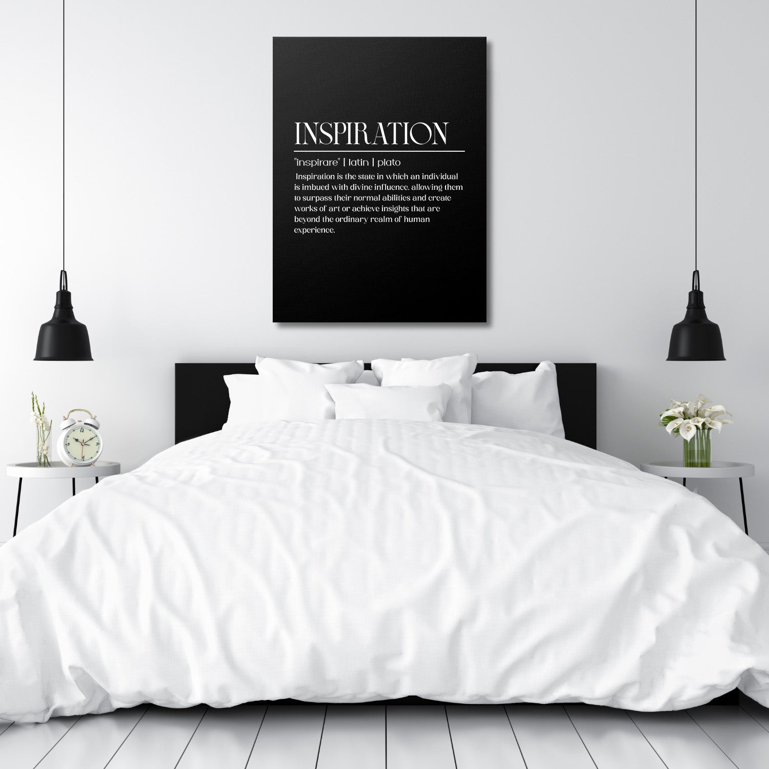 INSPIRATION motivational wall art with white typography in a minimalist Scandinavian-style bedroom