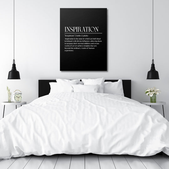 INSPIRATION motivational wall art with white typography in a minimalist Scandinavian-style bedroom