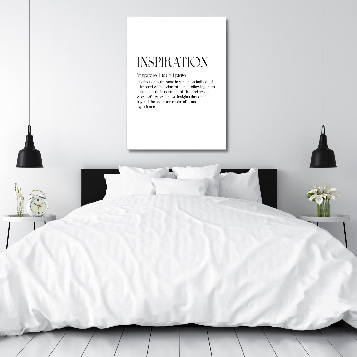 Framed motivational wall art with a minimalist quote above a double bed in a modern bedroom