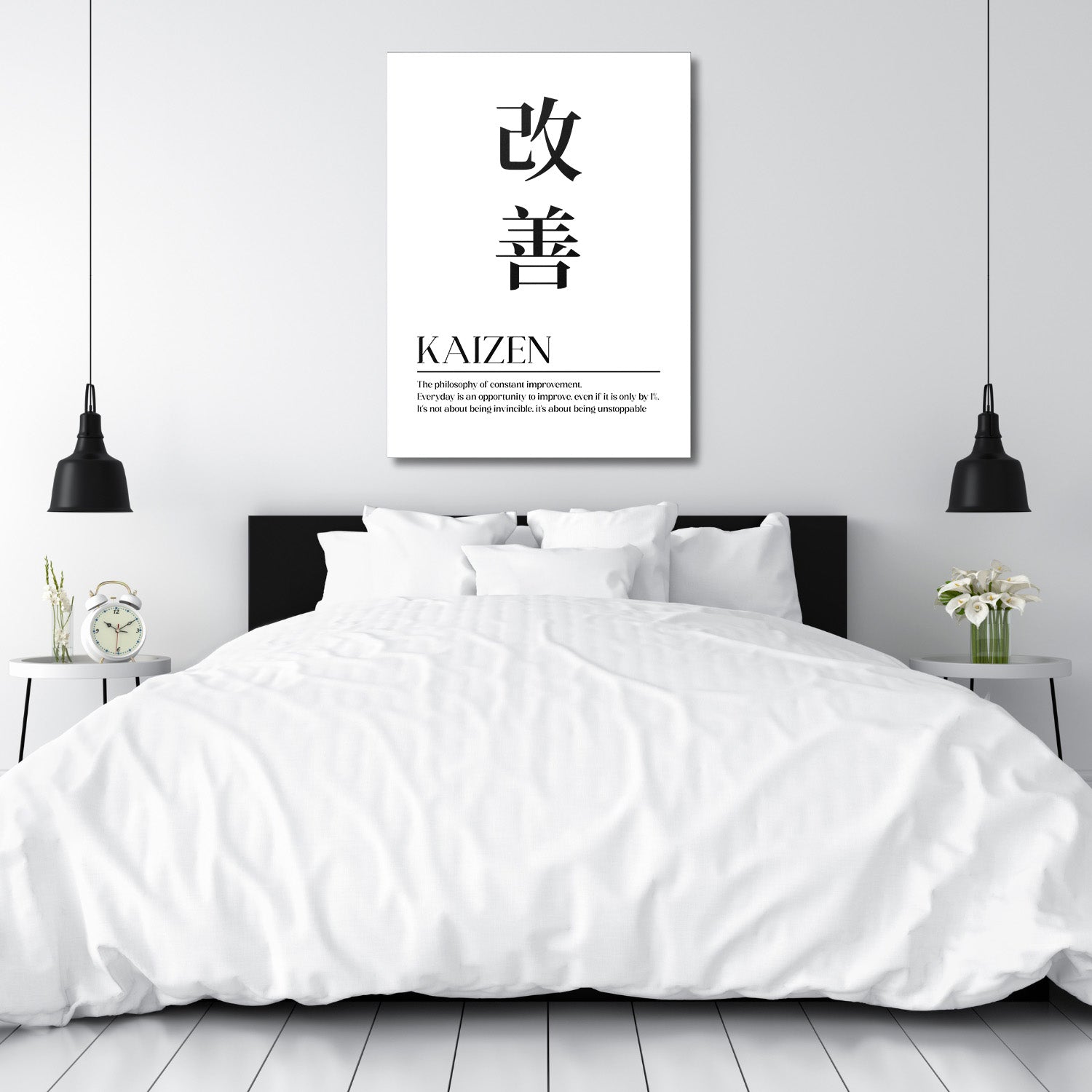 Kaizen motivational canvas print with a Japanese quote, minimalist bedroom wall decor