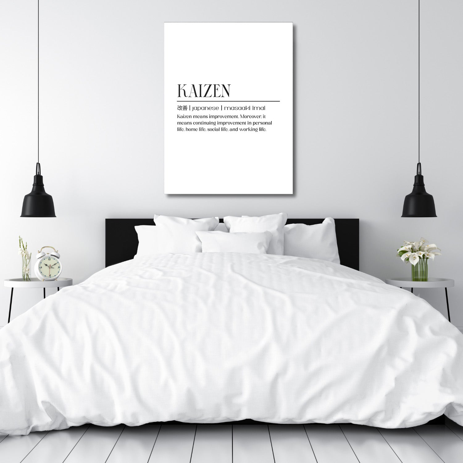 Kaizen motivational canvas print with a quote above the bed in a modern minimalist bedroom