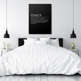Motivational bedroom wall art with black-and-white PASSION lettering in a clean minimalist design