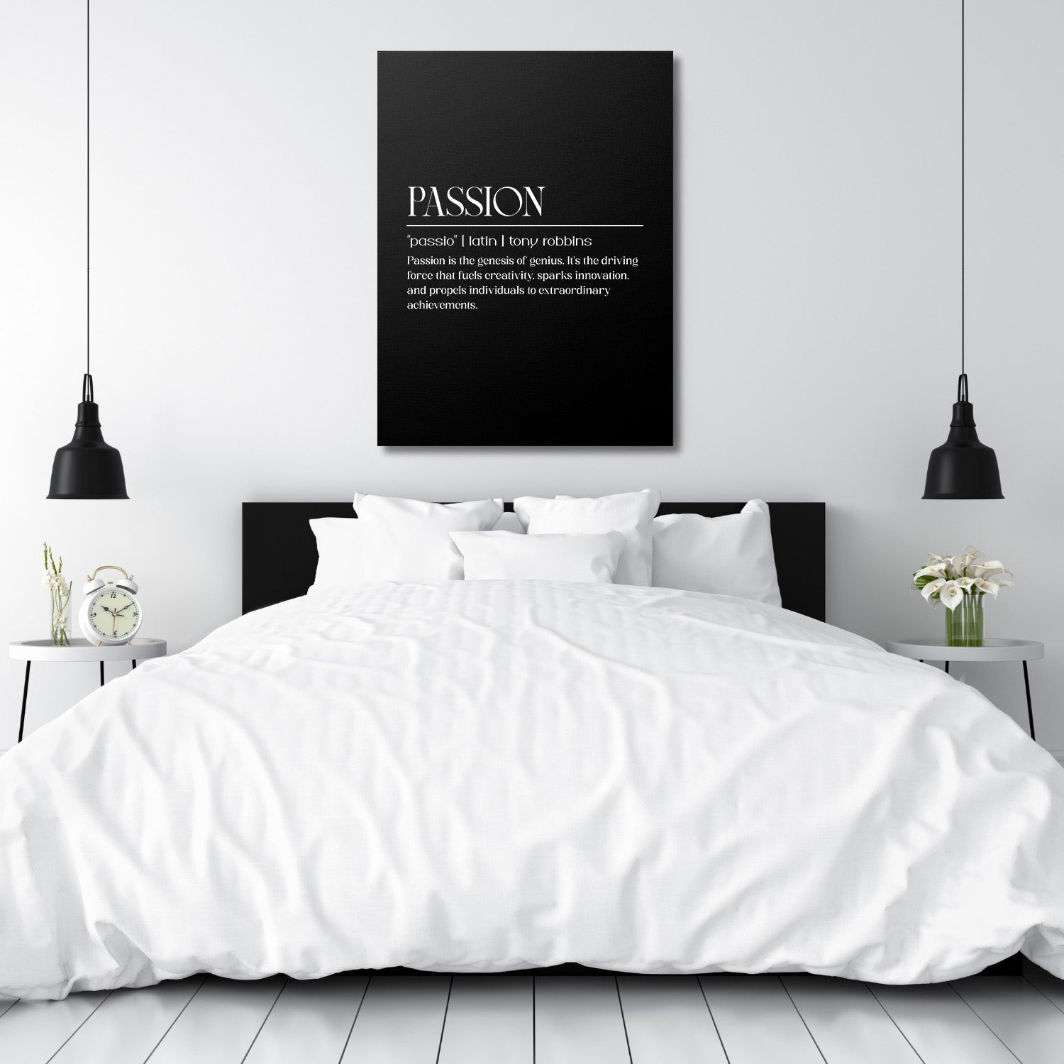 Motivational bedroom wall art with black-and-white PASSION lettering in a clean minimalist design