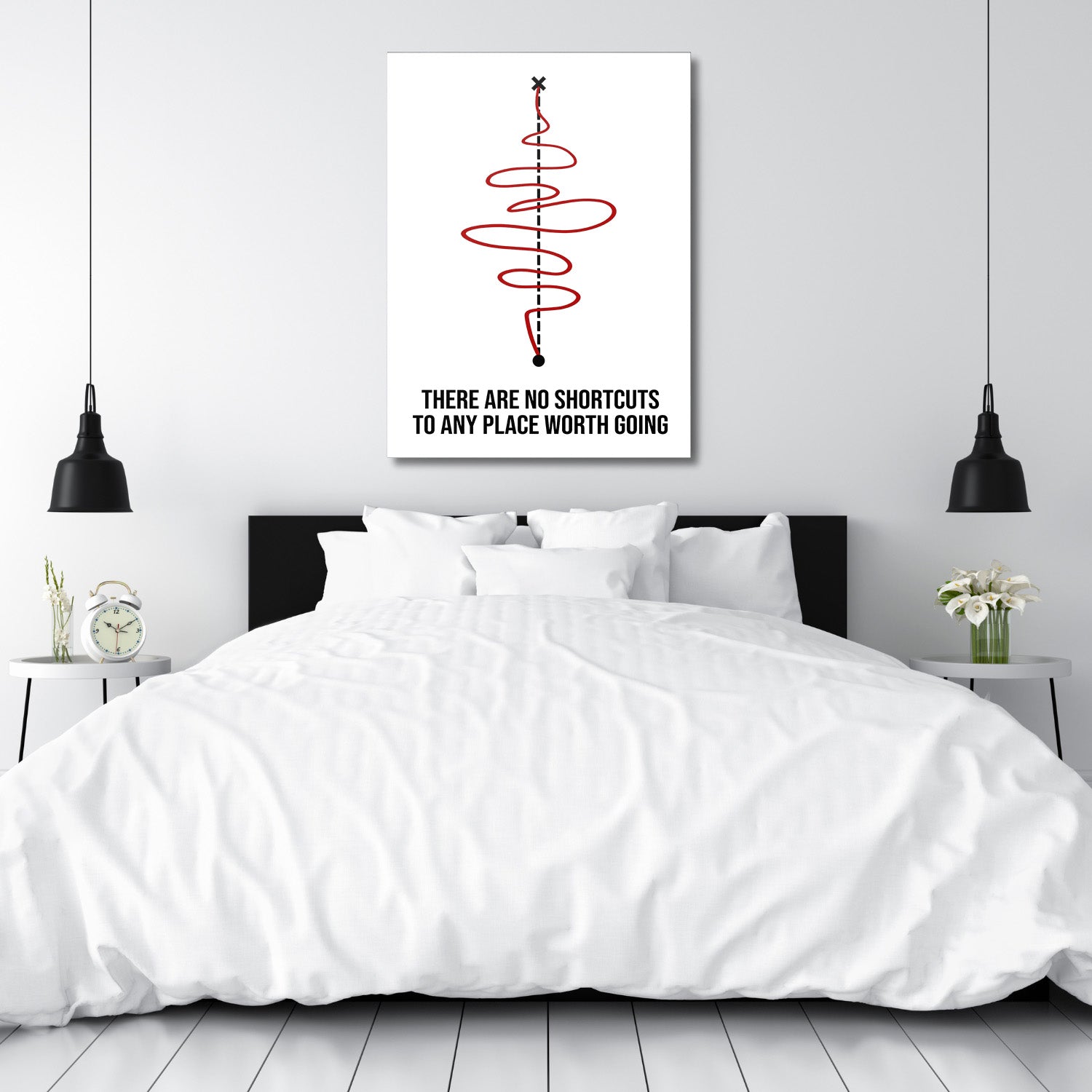 Motivational canvas print for a bedroom with a black-and-white quote and red spiral in a minimalist design