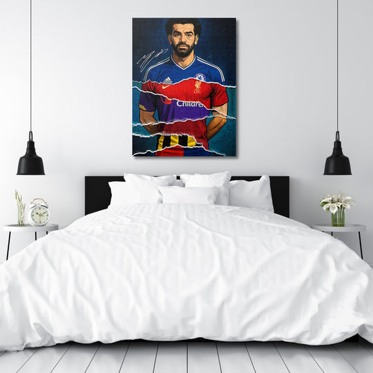 Motivational wall art with a soccer portrait in collage pop art style in a minimalist bedroom.