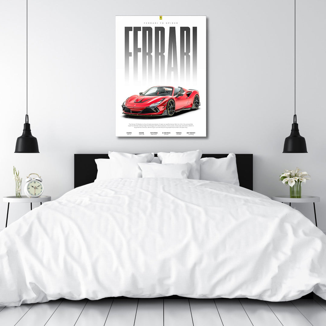 Modern wall art with a red Ferrari F8 Spider above a white bed in an elegant modern bedroom