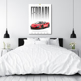 Modern wall art with a red Ferrari F8 Spider above a white bed in an elegant modern bedroom