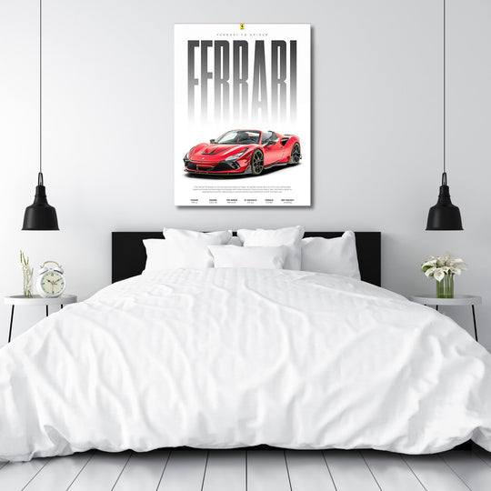Modern wall art with a red Ferrari F8 Spider above a white bed in an elegant modern bedroom