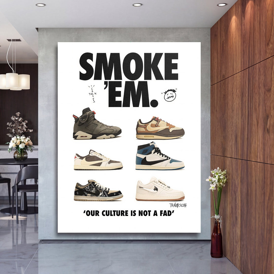 Pop art canvas print in a living room with “Smoke ’Em” text and six colorful Nike sneakers