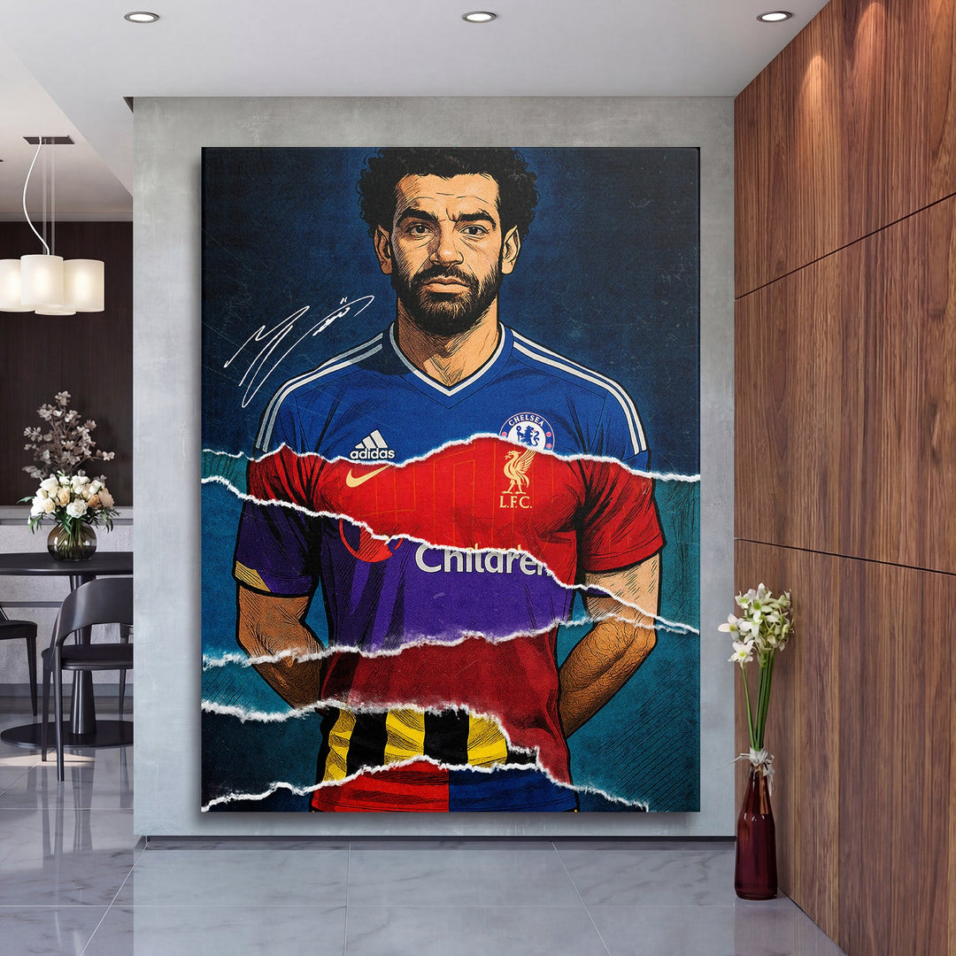 Motivational canvas wall art with a pop art collage of a soccer player in blue and red jerseys, displayed in a modern hall.