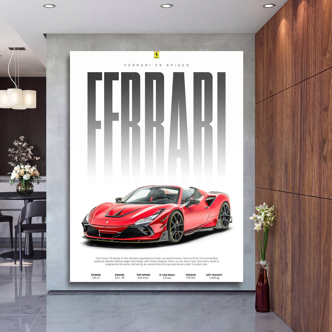 Luxury wall art with a red Ferrari F8 Spider sports car in a modern office