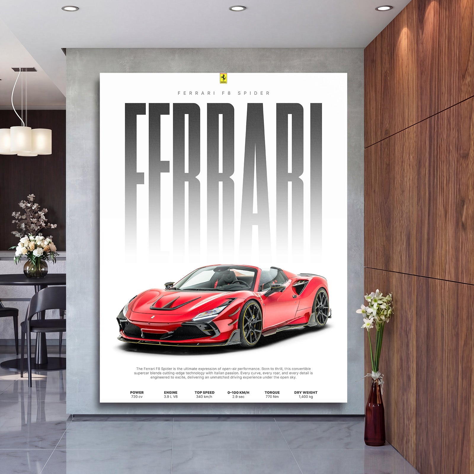 Luxury wall art with a red Ferrari F8 Spider sports car in a modern office