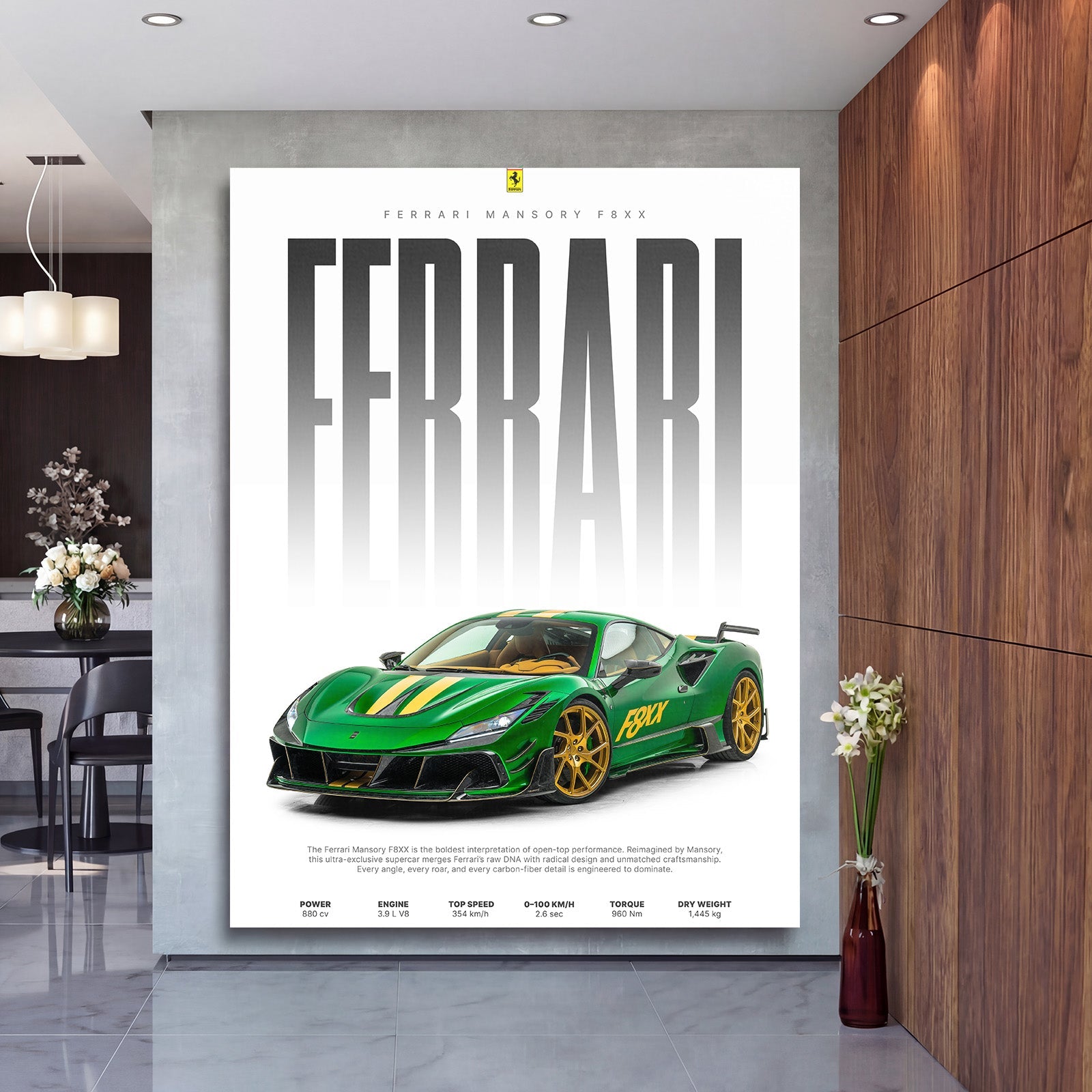 Motivational canvas wall art with a green Ferrari F8XX front view in a modern interior, luxury car decor for a living room