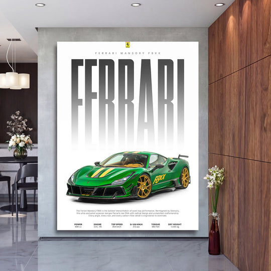 Motivational canvas wall art with a green Ferrari F8XX front view in a modern interior, luxury car decor for a living room