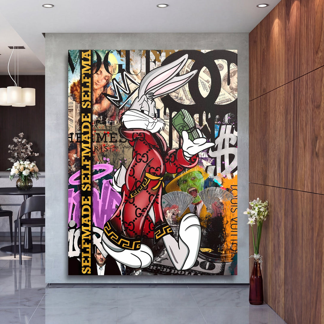 Pop art canvas print with Bugs Bunny in a red Gucci coat and dollar motif, displayed in a living room